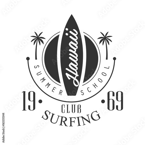 Photography Hawaii surfing club summer school logo template, black and white vector Illustra