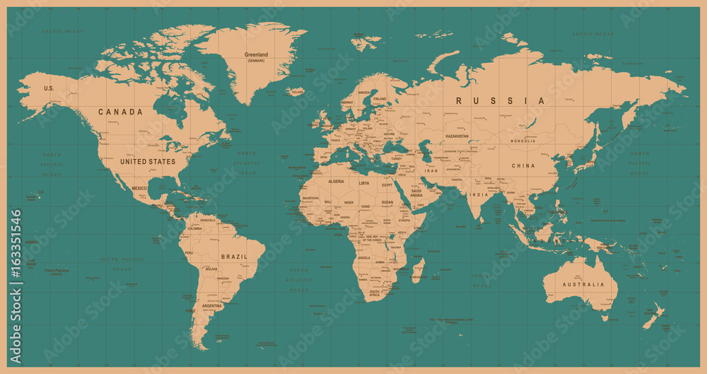 Obraz premium Mapa świata wektor Vintage. Szczegółowa ilustracja mapy świata