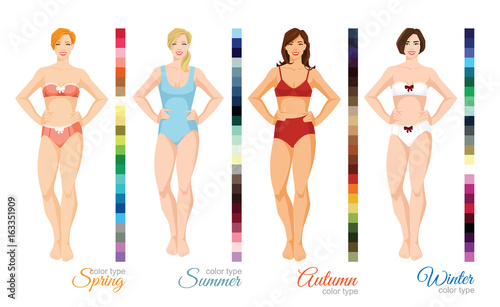 Vector illustration of seasonal color palette for spring, summer, winter and autumn type. Woman in different underwear and swimsuit