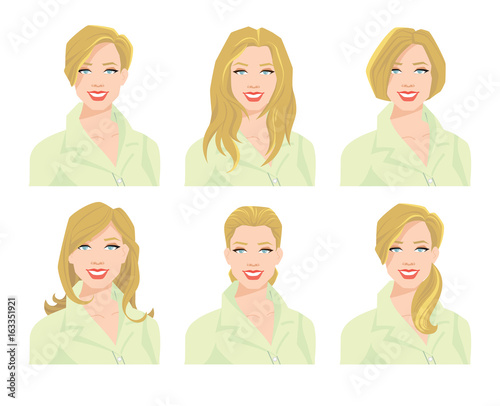 vector illustration of young woman's face with different hair style on white background