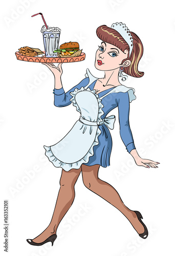 Cartoon image of Retro Pin Up painting of a 1950 waitress holding a tray with a burger, milkshake and fries. An artistic freehand picture.