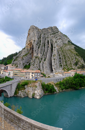 Sisteron on the Durance river, Rocher de la Baume opposite the old town, Provence region. France