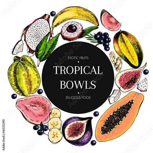 Vector hand drawn smoothie bowls poster. engraved fruits. Colored icons in round bodrer. Banana, mango, papaya, pitaya, fig, carambola, pitahaya, lychee, coconut, acai.