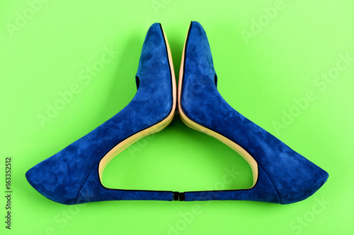 Pair of fancy suede female shoes, topview. Fashion and beauty