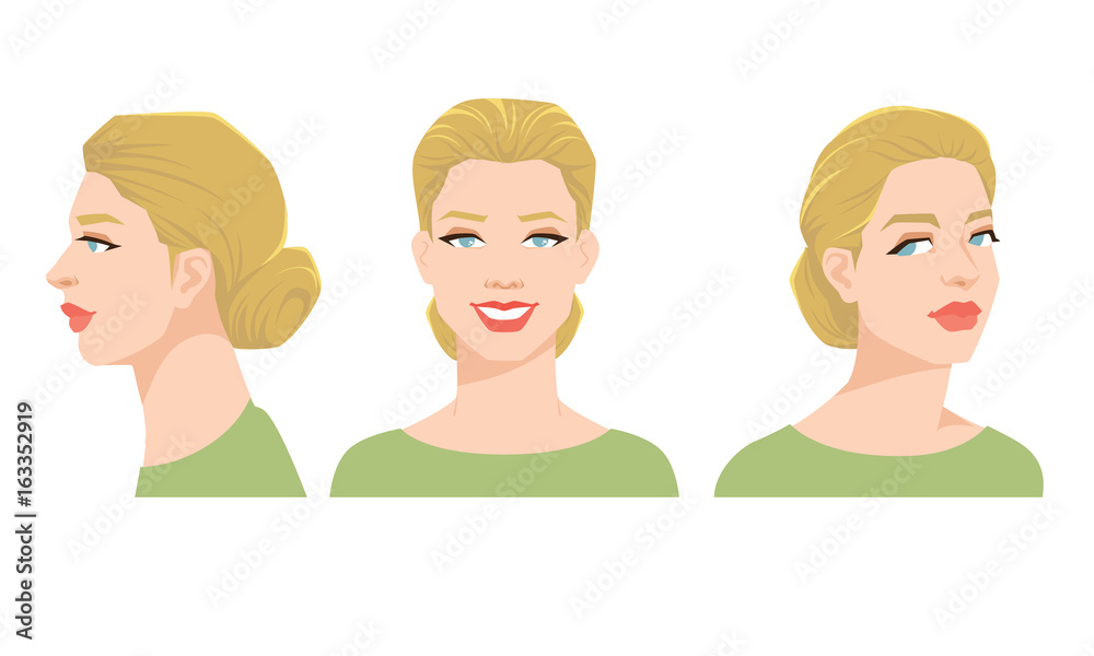 Vector illustration of woman's face on white background. Various turns heads. Face in side view, front view and half-turn. Women with sheaf hairstyle Vector illustration of woman's face on white background. Various turns heads. Face in side view, front view and half-turn. Women with sheaf hairstyle