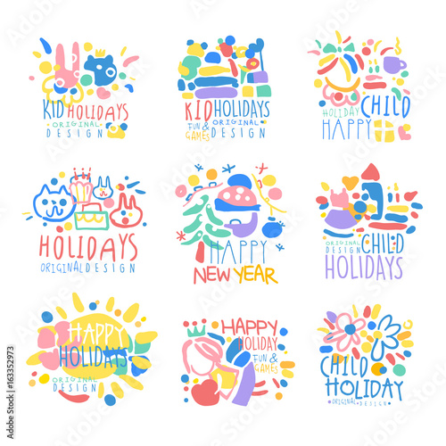 Happy kid Holiday, Happy New Year logo template original design set, colorful hand drawn vector Illustrations