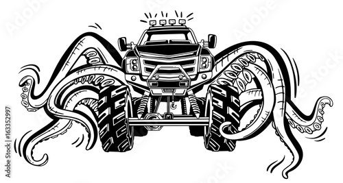 Vector Monster truck with tentacles of the mollusk. Mystical animal car tattoo. Adventure, travel, outdoors art symbols. 4x4. Off Road.