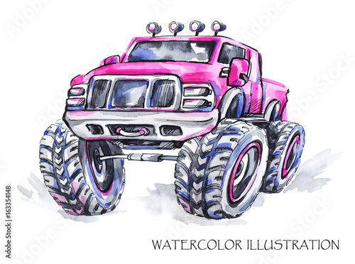 Hand drawn card with big car. Watercolor multicolor illustration. Active crazy sport. Transport.