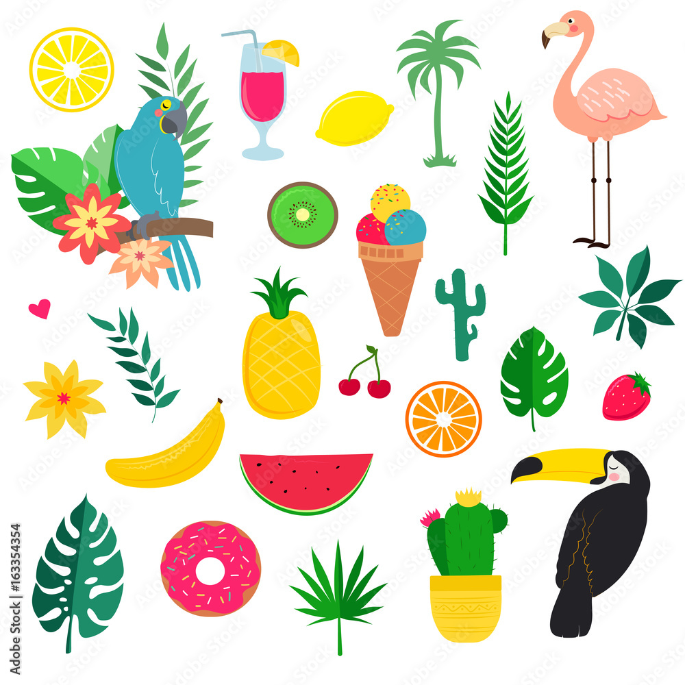 Set of summer tropicheskiy elements for design Set of summer tropicheskiy elements for design