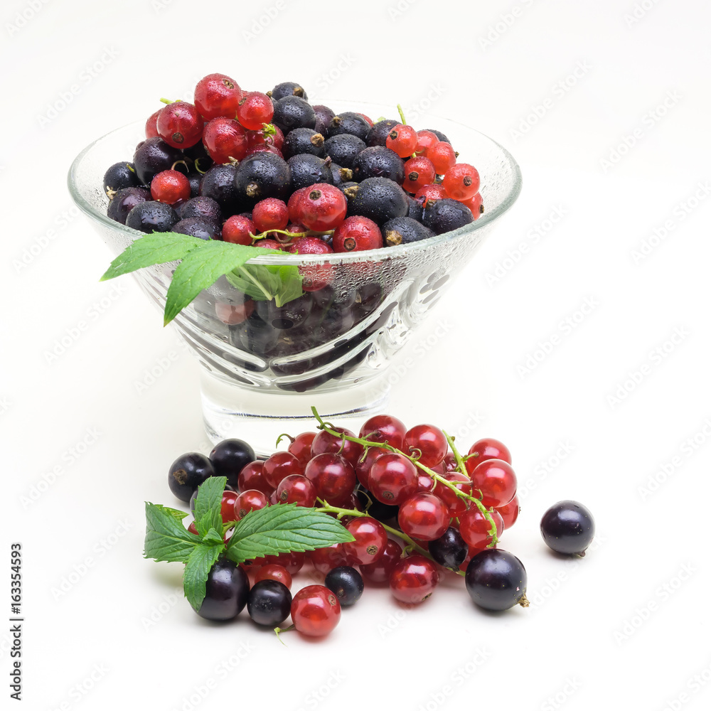 Glass vase with black and red currant on white background Glass vase with black and red currant on white background