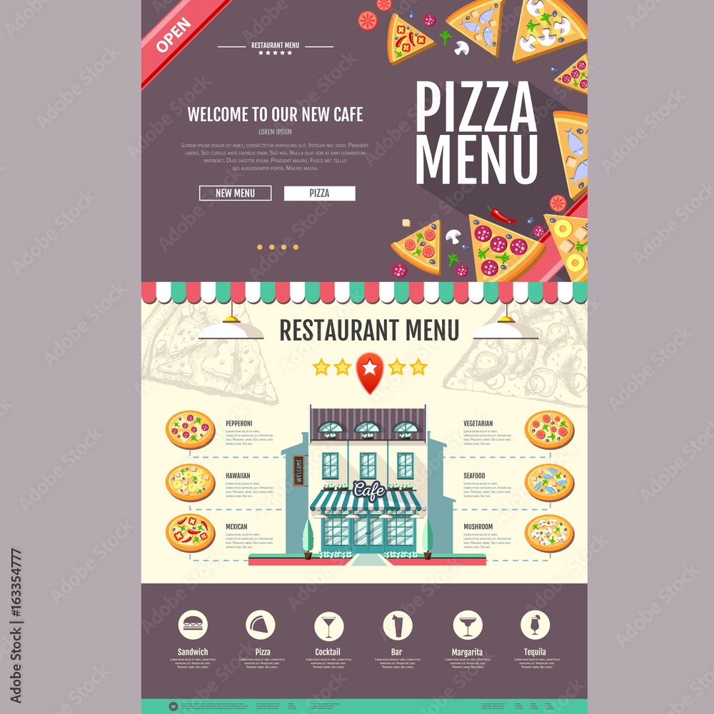 Fototapeta premium Flat style pizzeria cafe design. Web site design. Pizza menu