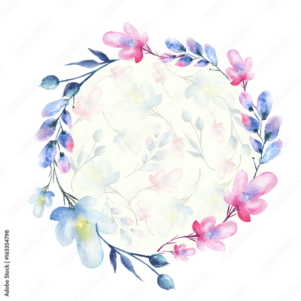 A round watercolor frame, a postcard, a wreath of flowers, twigs, plants, berries. Vintage illustration. Use in different designs, invitations, cards, advertising. Pink and blue abstract flowers.