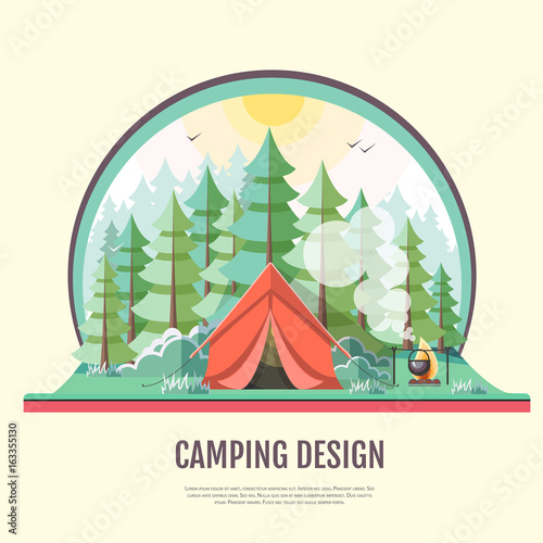 Flat style design of retro forest landscape and camping.