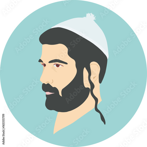 Avtar, symbol, icon in the circle of Ortodox Jew, Hasid, Rabbi, Judaism on a blue background. Vector illustration AI10 photo