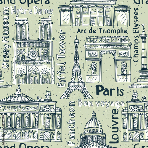 Paris landmarks seamless vector pattern. Hand drawn Eiffel Tower, Notre Dame de Paris, Arc de Triomphe, Grand Opera, Pantheon