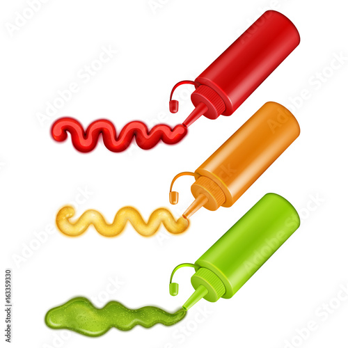 Colorful Plastic Bottles With Pressed Sauces