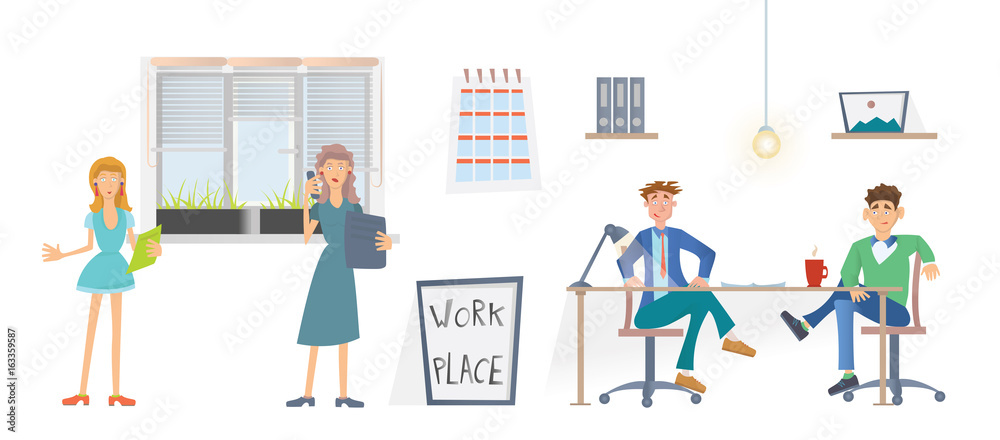 The people in the office or coworking center. Business talks over a cup of coffee. Vector illustration, isolated on white.