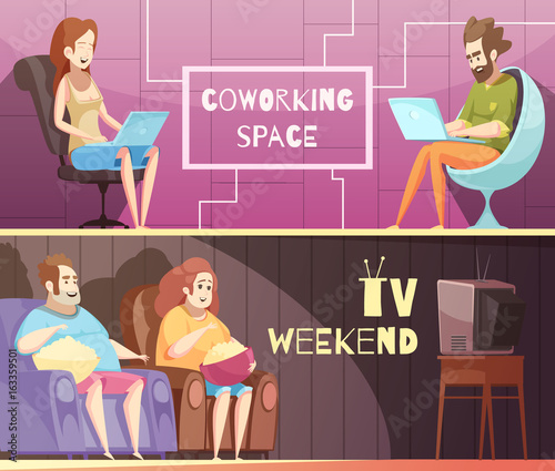Sedentary Lifestyle Retro Cartoon Banners