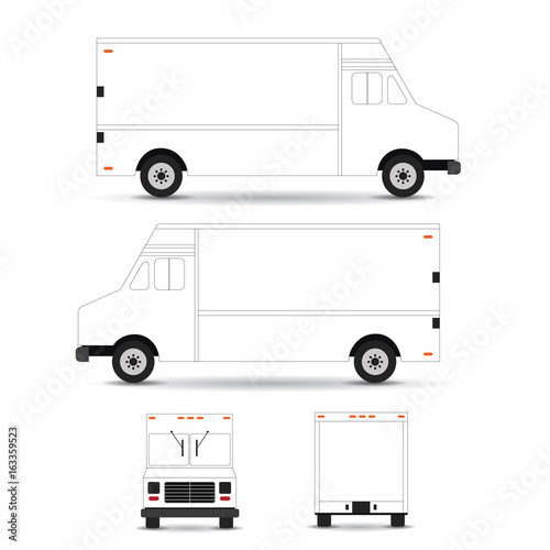 Food truck vector template outline stroke isolated on white background. Can be used for corporate identity and branding design.