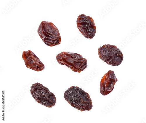 Top view of Dried raisins isolated on white background
