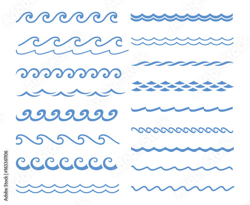 sound water waves set. Blue line wave ornament. Seamless vector marine wave decoration background. Paper wave design. Vector sound waves set. Audio Player. Audio equalizer technology, pulse musical.