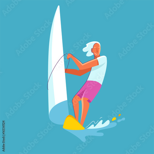 Vector summer illustration in modern trendy flat linear style - happy guy windsurfing