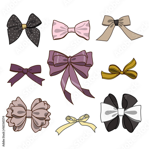 Fashion collection of bows. Vector colorful illustration in rustic style