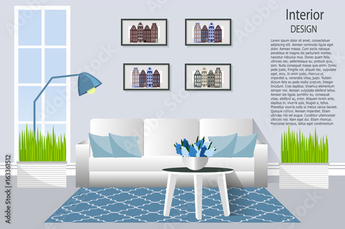 The interior of the living room. Bright and spacious room for relaxing or entertaining. Cartoon. Vector illustration.