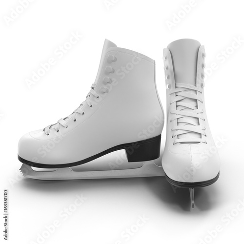 Pair of the white ice skates for girls, isolated on a white. 3D illustration, clipping path