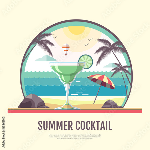 Flat style design of summer beach landscape with cocktail