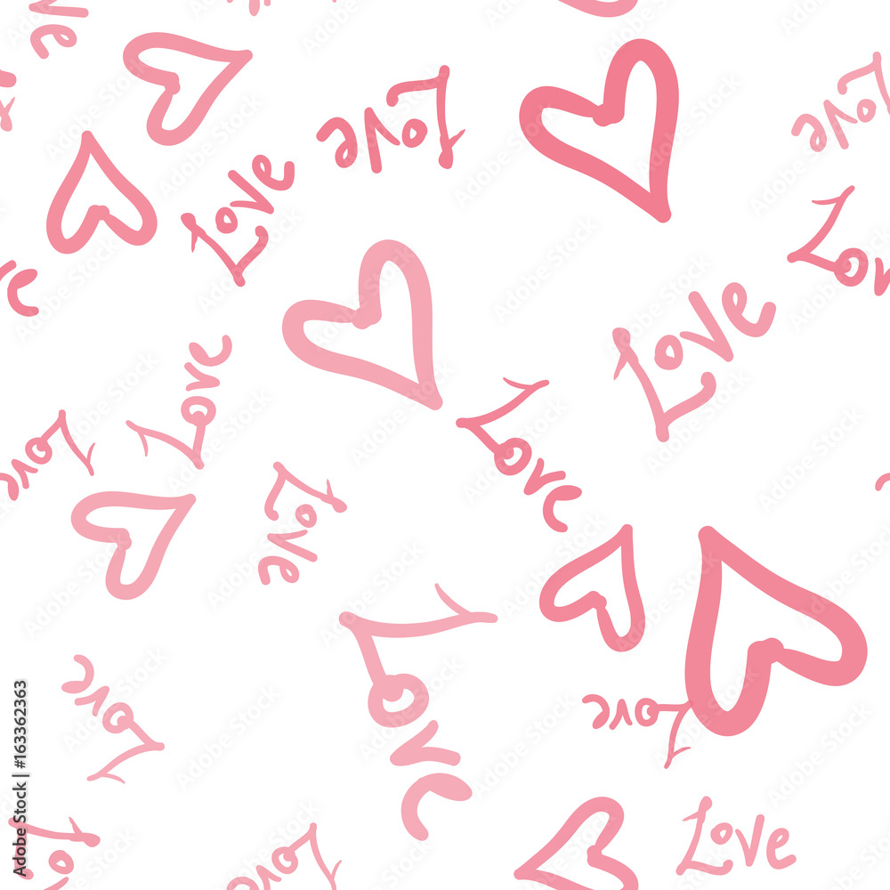 Seamless Romantic pattern with hearts and world Love. Valentines day decoration texture. Love concept warping paper. Wedding invitation tile