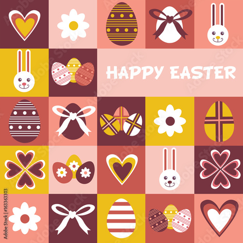 Colorful Happy Easter greeting card with flowers eggs and rabbit elements composition. Cute Happy Easter greeting card