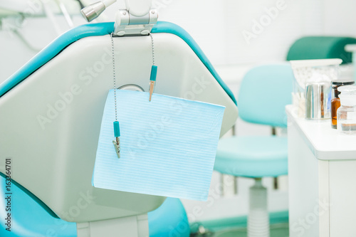 Equipment and dental instruments in dentist s office. Tools close-up. Dentistry. Dental concept background. Selective focus. Space for text