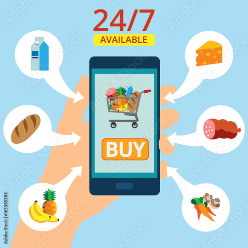Hand holding smartphone with basket on the screen. Purchases are available 24 hours. Order food online. Flat vector illustration