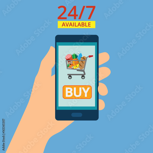 Hand holding smartphone with basket on the screen. Purchases are available 24 hours. Order food online. Flat vector illustration
