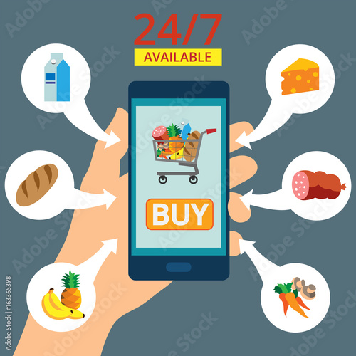 Hand holding smartphone with basket on the screen. Purchases are available 24 hours. Order food online. Flat vector illustration