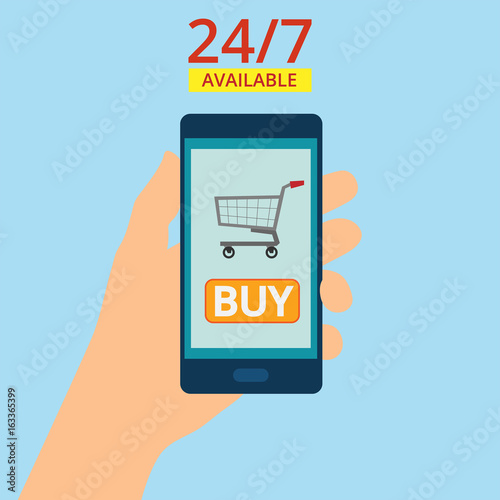 Hand holding smartphone with basket on the screen. Purchases are available 24 hours. Order food online. Flat vector illustration