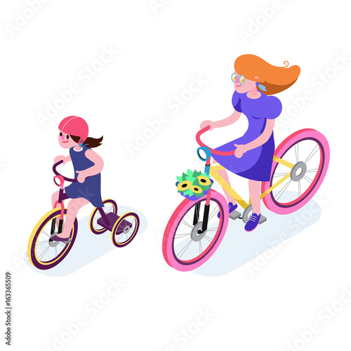 Isometric People. Isometric Bicycle isolated. Family Cyclists group riding bicycle. Cyclist icon.