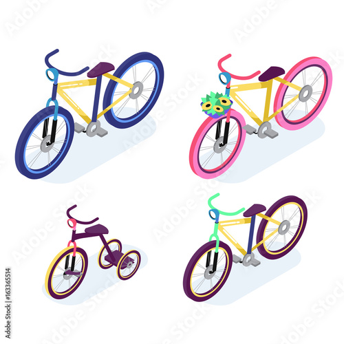 Isometric People. Isometric Bicycle isolated. Family Cyclists group riding bicycle. Cyclist icon.