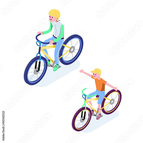Isometric People. Isometric Bicycle isolated. Cyclist icon. 3D Flat isometric people set cyclist bicycle icons