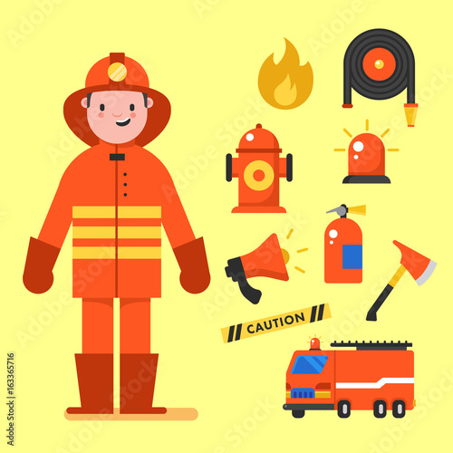 Fireman character design with fireman icons set. Fireman elements for info graphic. Vector illustration