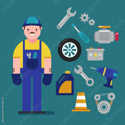 Mechanic and Car service concept with flat icons. Vector illustration