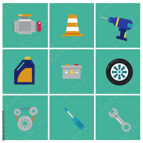 Trendy flat Mechanic icons. Set of machinist icons. Motorman elements for info graphic. Vector illustration