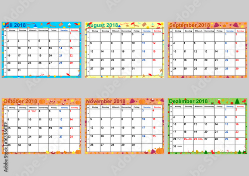 Farbenfroher Kalender 2018 für Deutschland mit gesetzlichen Feiertagen. Set aus 6 einzelnen Monaten, Juli bis Dezember. Vektor, Wochenstart Montag.