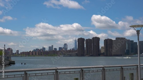 Viewing beautiful breathtaking Manhattan Skyline from Long Island City in New York, wide shot panorama with ONU,United Nations Headquarters,Ultra Hd 4k, real time