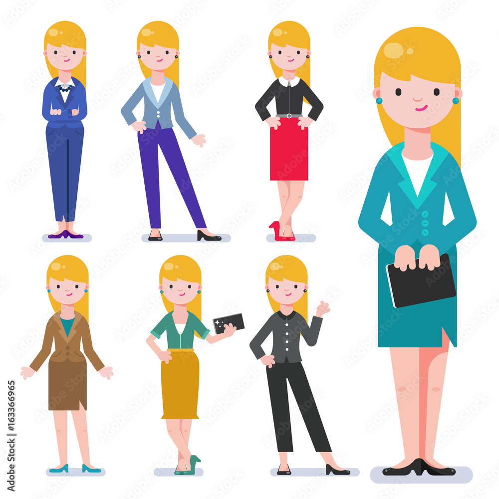 Set of business woman isolated on white. Collection of women, dressed in business style. Business lady smile. Formal suit, different poses of woman. Business dress code. Vector cartoon style.