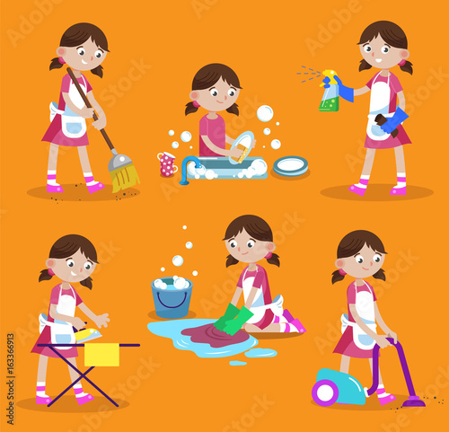 Cleaning vector illustration. House cleaning. Girl is busy at home: wash dishes, wash the floor, iron, vacuum, sweep, wash window