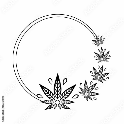 Round black and white frame of stylized cannabis leaf.