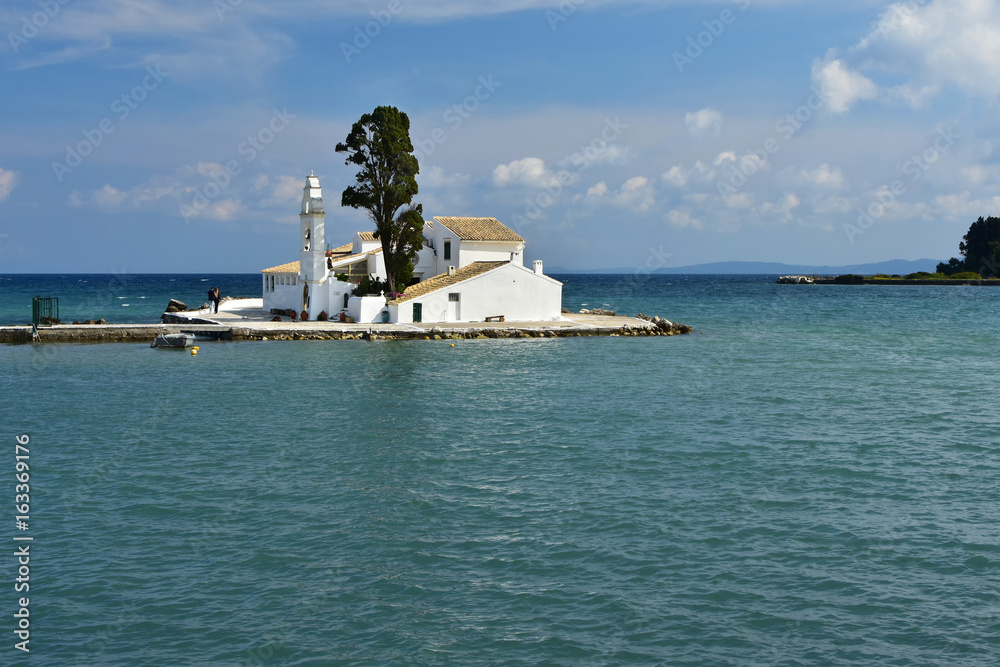 Sunny afternoon in Vlacherna Monastery, Corfu Island, Greece