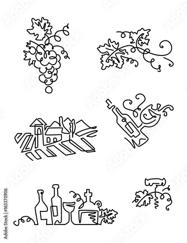 Simple Set of Wine Icons. Line art. Includes such Icons as grapes, bottle of wine with label, vineyard. photo